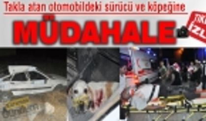 Takla atan otomobildeki sürücü ve köpeğine müdahale